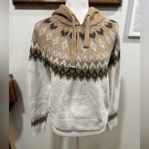 Rachel Zoe womens sweater hooded S white brown pattern 100 polyester cozy casual